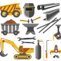 Metal products iron ore mining industry equipment and tools isolated objects truck and cart excavator and melting apparatus mechanic claw and welding mask anvil hammer and wrench pipes and planks.